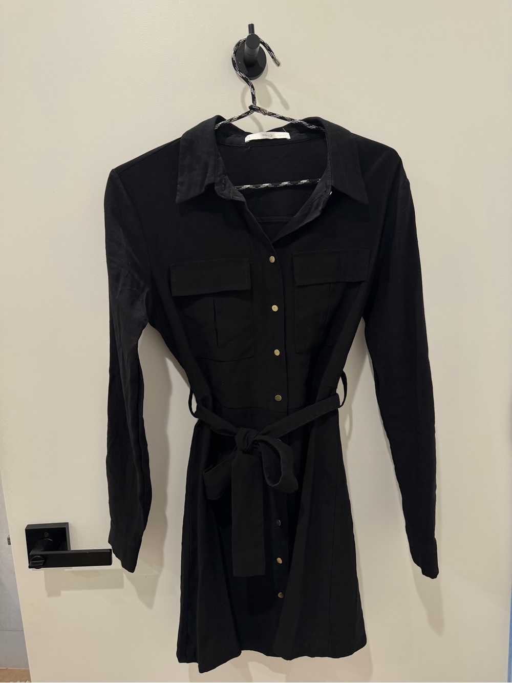 Black Long-Sleeve Shirt Dress with Waist Tie